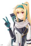  1girl artist_name black_bodysuit blonde_hair bodysuit bow closed_mouth eyebrows_visible_through_hair gamryous girls_frontline gloves green_bow green_hairband hair_bow hairband highres jacket long_hair looking_at_viewer multicolored multicolored_clothes multicolored_gloves ponytail red_eyes russian_flag scarf smile solo sv-98_(girls&#039;_frontline) turtleneck upper_body v white_background white_jacket white_scarf 
