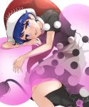  13-gou 1girl :3 bangs black_dress blue_eyes blue_hair book breasts commentary_request doremy_sweet dream_soul dress furrowed_brow hair_over_one_eye half-closed_eyes hat head_rest holding holding_book long_bangs looking_at_viewer nightcap open_mouth pom_pom_(clothes) red_headwear short_dress short_hair short_sleeves simple_background sitting small_breasts smile smug solo sparkle tail tapir_tail thighs touhou white_background 
