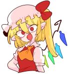  1girl :o ascot blonde_hair crystal fang flandre_scarlet hat medium_hair mob_cap one_side_up op_na_yarou pointy_ears puffy_short_sleeves puffy_sleeves red_eyes red_vest shirt short_sleeves simple_background solo touhou v-shaped_eyebrows vest white_background white_shirt wings yellow_neckwear 