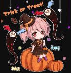  1girl alternate_costume bag black_background blush candy chibi costume doughnut dress english_text eyebrows_visible_through_hair eyes_visible_through_hair food hair_ribbon halloween halloween_costume hat highres kaname_madoka looking_at_viewer mahou_shoujo_madoka_magica pumpkin pumpkin_hat ribbon sitting solo star_(symbol) sweets trick_or_treat twintails ukiukikiwi2525 wings witch_hat yellow_neckwear 