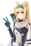  1girl :3 animal_ears arknights artist_name black_bodysuit blonde_hair bodysuit bow cat_ears closed_mouth eyebrows_visible_through_hair gamryous girls_frontline gloves green_bow green_hairband hair_bow hairband highres jacket long_hair looking_at_viewer multicolored multicolored_clothes multicolored_gloves ponytail red_eyes russian_flag scarf smile solo sora_(arknights) sv-98_(girls&#039;_frontline) turtleneck upper_body v white_background white_jacket white_scarf 