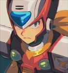  1boy android armor blonde_hair closed_mouth commentary green_eyes grey_background helmet highres long_hair male_focus mega_man_(series) mega_man_x_(series) n3ss_0 ponytail portrait simple_background solo zero_(mega_man) 