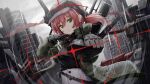  1girl aiming_at_viewer aogiri_koukou_game_club bangs black_shirt blurry blurry_background breasts brown_headwear building cabbie_hat clouds cloudy_sky commentary depth_of_field eyebrows_visible_through_hair goggles goggles_on_headwear green_eyes green_jacket gun hair_between_eyes handgun hat head_tilt high-waist_skirt highres holding holding_gun holding_weapon ishikari_akari jacket kuria_(clear_trip_second) looking_at_viewer low_twintails open_clothes open_jacket outdoors parted_lips pistol rain redhead shirt skirt sky small_breasts solo twintails virtual_youtuber weapon white_skirt 
