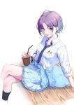 1girl :d ahoge arm_support asakura_tooru bangs blue_hair clothes_around_waist coffee commentary cropped_legs crossed_legs cup disposable_cup earrings eyebrows_visible_through_hair gradient_hair holding holding_cup idolmaster idolmaster_shiny_colors jacket jacket_around_waist jewelry looking_at_viewer multicolored_hair necktie on_floor open_collar open_mouth painapo parted_bangs pleated_skirt purple_hair school_uniform shirt short_hair simple_background sitting skirt sleeves_rolled_up smile solo white_background white_shirt wristband 