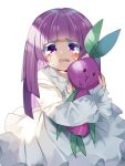  1girl bangs blunt_bangs blush commentary_request cookie_run crying crying_with_eyes_open dress highres holding holding_toy humanization kyusai_kuma long_hair long_sleeves looking_at_viewer onion_cookie open_mouth puffy_long_sleeves puffy_sleeves purple_hair sitting stuffed_toy tears toy violet_eyes white_dress 