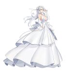  1girl absurdres alternate_costume azur_lane bare_shoulders breasts bridal_gauntlets center_opening criss-cross_halter drake_(azur_lane) dress full_body halterneck highres large_breasts layered_dress long_dress long_hair looking_at_viewer ponytail shidiancijianongpao simple_background sleeveless sleeveless_dress solo wedding_dress white_background white_hair yellow_eyes 