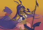  1girl bracelet breasts cowboy_shot dark-skinned_female dark_skin earrings eyebrows_visible_through_hair fate/grand_order fate_(series) gradient gradient_background holding holding_staff hoop_earrings isshoku_(shiki) jewelry long_hair looking_at_viewer multicolored multicolored_background navel nitocris_(fate) open_mouth panties pink_background purple_hair simple_background small_breasts solo staff teeth tongue two-tone_background underwear very_long_hair violet_eyes yellow_background 