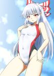  1girl alternate_costume bangs blue_sky bow breasts clouds competition_swimsuit cowboy_shot d-m_(dii_emu) eyebrows_visible_through_hair fujiwara_no_mokou grey_hair groin hair_bow hand_on_own_chest highleg highleg_leotard highres leotard long_hair looking_at_viewer navel one-piece_swimsuit outdoors red_eyes sky small_breasts solo standing swimsuit thigh-highs touhou 