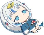  1girl blue_eyes blue_hoodie chibi fish_tail gawr_gura grey_hair hololive hololive_english hood hoodie ikalsaurus long_hair lying on_back shark_tail shoes solo sticky_note tail two_side_up 