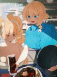  2girls :d blonde_hair blue_eyes blue_shirt blush breast_rest breasts breasts_on_table closed_mouth cup dot_mouth dot_nose dress drill_hair drinking_glass fang florida-chan_(ryusei_hashida) holding holding_cup holding_tray huge_breasts indoors mofu_mofuko_(ryusei_hashida) multiple_girls open_mouth orange_eyes original ryusei_hashida shirt short_sleeves sidelocks signature sitting smile standing table tray twin_drills twintails veins veiny_breasts waitress white_dress 