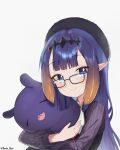  1girl bangs beret black_headwear blue_eyes blush collared_shirt eyebrows_visible_through_hair glasses grey_background grey_shirt hat highres holding holding_stuffed_toy hololive hololive_english ninomae_ina&#039;nis pointy_ears purple_hair shirt smile solo stuffed_toy tako_(ninomae_ina&#039;nis) tenchi_mayo tentacle_hair twitter_username virtual_youtuber 