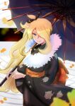  1girl bangs black_kimono blonde_hair blurry closed_mouth commentary_request cynthia_(pokemon) eyelashes hair_ornament hair_over_one_eye highres holding holding_umbrella japanese_clothes kimono leaves_in_wind long_hair long_sleeves looking_at_viewer noppe pokemon pokemon_(game) pokemon_dppt sash shiny shiny_hair smile solo umbrella wide_sleeves yellow_eyes 