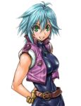  1girl allenby_beardsley amania_orz blue_bodysuit blue_hair bodysuit breasts dated g_gundam gloves green_eyes gundam jewelry large_breasts looking_at_viewer open_mouth short_hair signature simple_background skin_tight smile solo white_background 