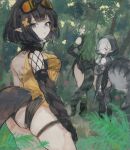  3girls ahoge arknights ass black_bandeau black_hair black_legwear black_sleeves black_tunic blue_eyes commentary_request cowboy_shot crocodilian_tail detached_sleeves eunectes_(arknights) facing_away flower gavial_(arknights) goggles goggles_on_head green_hair grey_hair hair_flower hair_ornament highres hood hood_up long_hair looking_at_viewer looking_back multiple_girls omcxxx pointy_ears shirt short_hair snake_tail tail thigh-highs thigh_strap tomimi_(arknights) yellow_shirt 