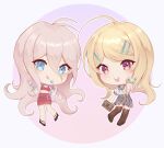  2girls :d :q ahoge akamatsu_kaede antenna_hair bag bangs bare_shoulders blonde_hair blue_eyes blush brown_bag brown_footwear brown_legwear c01a_(cola) chibi danganronpa_(series) danganronpa_v3:_killing_harmony eyebrows_visible_through_hair grey_background hair_between_eyes hair_ornament hairclip hand_up hands_up highres holding holding_bag iruma_miu long_hair multiple_girls off_shoulder open_mouth over-kneehighs plaid plaid_skirt purple_background red_eyes red_skirt shiny shiny_hair shirt_tucked_in short_sleeves skirt smile teeth thigh-highs tongue tongue_out twitter_username upper_teeth watermark 