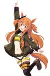  1girl aikawa_ryou animal_ears black_legwear bomber_jacket crop_top dog_tags ear_bow green_belt green_jacket highres horse_ears horse_girl horse_tail jacket long_hair looking_at_viewer mayano_top_gun_(umamusume) midriff navel open_mouth orange_eyes orange_hair shirt shoes short_shorts shorts smile sneakers solo tail thigh-highs twintails two_side_up umamusume white_shorts yellow_shirt zettai_ryouiki 