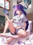  1girl arm_support bangs barefoot bed_sheet book braid breasts cellphone english_commentary eyebrows_visible_through_hair feet food_in_mouth genshin_impact grey_panties hair_ornament highres holding holding_book indoors long_hair on_bed panties pengrani phone pillow poster_(object) purple_hair purple_shorts raiden_shogun reading shirt short_shorts short_sleeves shorts sitting smartphone solo spread_legs t-shirt television thighs toes toilet_paper_tube trash_can underwear used_tissue violet_eyes white_shirt window 
