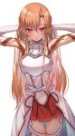  1girl absurdres armor arms_behind_head arms_up asuna_(sao) bangs bare_shoulders blush breasts closed_mouth cowboy_shot detached_sleeves elbow_gloves eyebrows_visible_through_hair gloves hair_between_eyes highres long_hair looking_at_viewer miniskirt orange_hair pleated_skirt red_eyes red_skirt shiny shiny_hair simple_background skirt smile solo standing sword_art_online thigh-highs thighs torriet white_background white_legwear zettai_ryouiki 