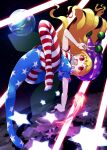  13-gou 1girl american_flag_dress american_flag_legwear bangs blonde_hair blush breasts clownpiece commentary_request danmaku earth_(planet) eyebrows_visible_through_hair fairy_wings floating_hair full_body hat holding holding_torch jester_cap laser long_hair moon neck_ruff open_mouth pantyhose planet polka_dot purple_headwear red_eyes short_sleeves small_breasts solo space star_(symbol) teeth torch touhou upper_teeth v wings 