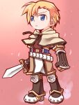  1boy armored_boots bangs blonde_hair blue_eyes boots brown_footwear brown_shirt brown_shorts capelet chibi closed_mouth eyebrows_visible_through_hair full_body gauntlets holding holding_sword holding_weapon male_focus pink_background ragnarok_online sakakura_(sariri) shirt short_hair shorts solo sword swordsman_(ragnarok_online) v-shaped_eyebrows weapon white_capelet 