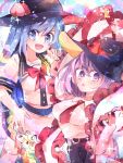  2girls :d bangs belt black_headwear black_skirt blue_eyes blue_hair blush bow breasts collarbone collared_shirt frilled_shawl frills fruit_hat_ornament hagoromo hand_on_hip hat hat_ribbon highres hinanawi_tenshi large_breasts long_hair long_sleeves looking_at_viewer mobilis_1870 multiple_girls nagae_iku necktie open_mouth peach_hat_ornament purple_hair rainbow_gradient red_bow red_neckwear ribbon shawl shirt short_hair short_sleeves skirt small_breasts smile sparkle touhou upper_body violet_eyes wing_collar 