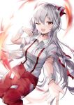  1girl \||/ bangs blush bow breasts choker collared_shirt commentary_request eyebrows_visible_through_hair fire fujiwara_no_mokou hair_between_eyes hair_bow highres hiiro60 knees_together_feet_apart large_breasts long_hair looking_at_viewer ofuda ofuda_on_clothes one_eye_closed open_mouth outstretched_arm pants red_eyes red_pants shirt short_sleeves simple_background solo suspenders torn_clothes torn_sleeves touhou white_background white_hair white_shirt wing_collar wrist_cuffs 