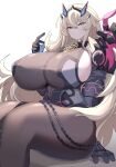  1girl absurdres akitokage01 armor asymmetrical_armor asymmetrical_arms bangs bare_shoulders black_dress blonde_hair blue_eyes breasts brown_legwear chain dress fairy_knight_gawain_(fate) fate/grand_order fate_(series) gauntlets gigantic_breasts heterochromia highres horns large_breasts long_hair looking_at_viewer pantyhose pauldrons red_eyes shoulder_armor sideboob single_gauntlet single_pauldron solo 
