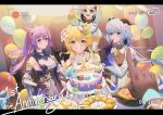 4girls absurdres aether_(genshin_impact) ahoge anniversary balloon bangs bare_shoulders bell black_gloves blonde_hair blue_hair cake detached_sleeves dress finger_to_mouth flower food ganyu_(genshin_impact) genshin_impact gloves golden_shrimp_balls_(genshin_impact) guoba_(genshin_impact) hair_flower hair_ornament highres holding holding_cake holding_food horns long_hair looking_at_viewer lumine_(genshin_impact) multiple_girls neck_bell paimon_(genshin_impact) prosperous_peace_(genshin_impact) purple_dress purple_hair recording slime_(genshin_impact) smile very_long_hair violet_eyes white_sleeves zero_yee