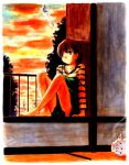  1girl bad_id barefoot brown_eyes brown_hair fate/stay_night fate_(series) feet fujimura_taiga jas kayari_buta legs looking_away short_hair sitting sky smile solo sunset wind_chime 