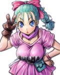  1girl amania_orz blue_eyes blue_hair bow breasts bulma dragon_ball dragon_ball_(classic) gloves hair_bow large_breasts long_hair looking_at_viewer open_mouth simple_background single_glove solo v white_background 