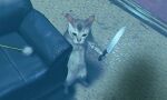  animal_focus armchair cat chair holding holding_knife knife looking_at_viewer no_humans original standing tomono_rui 