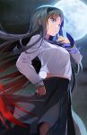  1girl bangs black_hair black_skirt blue_eyes breasts c_kaede_kokonoe full_moon hairband hand_on_hip highres long_hair long_sleeves looking_at_viewer medium_breasts melty_blood moon night night_sky sailor_collar shirt skirt sky solo tohno_akiha tsukihime tsukihime_(remake) white_shirt 