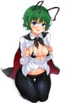  1girl alternate_eye_color antennae bangs bikini bikini_under_clothes black_bikini black_cape black_pants blush breasts cape collared_shirt commentary_request embarrassed eyebrows_visible_through_hair full_body green_hair highres looking_at_viewer open_clothes open_mouth open_shirt pants red_cape seiza shirt short_hair simple_background sitting small_breasts solo swimsuit tokoya_(ex-hetare) touhou two-sided_cape two-sided_fabric white_background white_shirt wriggle_nightbug 