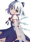  1girl bangs blue_bow blue_dress blue_eyes blue_hair bow cirno closed_mouth dress from_side hair_bow highres ice ice_wings looking_at_viewer natsume_suzuri puffy_short_sleeves puffy_sleeves short_sleeves simple_background solo standing touhou white_background wings 