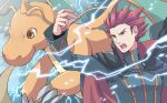  1boy black_cape cape claws commentary_request dragonite electricity jacket lance_(pokemon) long_sleeves male_focus open_mouth pokemon pokemon_(creature) pokemon_(game) pokemon_hgss redhead short_hair spiky_hair teeth tongue upper_body xichii 