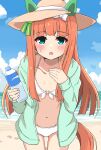  animal_ears beach blush bottle breasts collarbone commentary_request hat highres himawari_(sunflower7373) horse_ears horse_girl horse_tail long_hair looking_at_viewer navel open_mouth orange_hair silence_suzuka_(umamusume) sky small_breasts straw_hat swimsuit tail umamusume water_bottle 