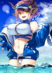  1girl animal_ears arknights bangs bikini blue_jacket blue_sky breasts brown_eyes clouds cow_ears cow_girl cow_horns eyebrows_visible_through_hair grey_bikini horns jacket jacket_partially_removed km_kaminashi large_breasts looking_at_viewer navel official_alternate_costume open_mouth outdoors partially_submerged purple_hair short_hair sideroca_(arknights) sideroca_(light_breeze)_(arknights) sky smile solo swimsuit thigh_strap water 