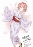  1girl ahoge alternate_costume artist_name character_name commentary_request dated floral_print hair_ornament i-58_(kancolle) japanese_clothes kamo_mayor kantai_collection kimono leaning_to_the_side looking_at_viewer outstretched_arms pink_hair red_eyes sandals smile solo white_kimono yukata 