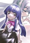  2girls :3 artist_request black_skirt blue_hair closed_eyes dated eyebrows_visible_through_hair furude_rika hanyuu highres higurashi_no_naku_koro_ni hime_cut horns long_hair long_sleeves multiple_girls neck_ribbon pink_ribbon praying purple_hair ribbon shirt short_sleeves skirt smile suspender_skirt suspenders twitter_username white_background white_shirt 