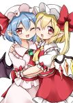  2girls ascot bangs bat_wings blonde_hair blue_hair blush bow cheek-to-cheek crystal eyebrows_visible_through_hair fang fingernails flandre_scarlet frilled_shirt_collar frilled_skirt frills happy hat hat_bow hat_ribbon heads_together highres hug looking_at_viewer mob_cap multiple_girls one_eye_closed open_mouth pointy_ears puffy_short_sleeves puffy_sleeves red_bow red_eyes red_skirt red_vest remilia_scarlet ribbon shoes short_hair short_sleeves siblings side_ponytail simple_background sisters skirt smile suwa_yasai touhou upper_body vest white_background wings wrist_cuffs yellow_neckwear 