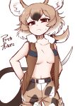  1girl 370ml animal_ears bare_arms bare_shoulders belt black_hair breasts brown_eyes brown_hair brown_vest camouflage camouflage_pants closed_mouth collarbone cowboy_shot extra_ears eyebrows_visible_through_hair gambian_pouched_rat_(kemono_friends) half-closed_eyes hand_in_pocket highres kemono_friends light_blush long_hair looking_at_viewer medium_breasts mouse_ears mouse_girl mouse_tail multicolored_hair navel no_bra open_clothes open_vest pants ponytail print_pants simple_background solo stomach tail vest white_background white_hair 