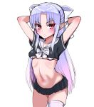  1girl arms_behind_head blush breasts gokuto-kun_(imakiyo) highres long_hair looking_at_viewer melty_blood midriff navel parted_lips pointy_ears purple_hair red_eyes school_uniform serafuku simple_background single_thighhigh small_breasts solo thigh-highs tsukihime white_background white_legwear white_len_(tsukihime) 