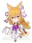  1girl animal_ear_fluff animal_ears bangs bell blonde_hair blush bow brown_eyes brown_footwear chibi closed_mouth detached_sleeves eyebrows_visible_through_hair fox_ears fox_girl fox_mask fox_tail full_body gohei hair_between_eyes hakama hakama_skirt hip_vent holding iroha_(iroha_matsurika) japanese_clothes jingle_bell kimono long_hair long_sleeves looking_at_viewer mask mask_on_head miko obi original purple_bow sash simple_background skirt sleeveless sleeveless_kimono sleeves_past_wrists socks solo standing standing_on_one_leg tabi tail twitter_username very_long_hair watermark white_background white_hakama white_kimono white_legwear white_sleeves wide_sleeves zouri 