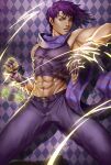  1boy abs ass_visible_through_thighs bare_shoulders battle_tendency belt brown_hair commentary crop_top denim fingerless_gloves gloves hand_up highres jojo_no_kimyou_na_bouken joseph_joestar joseph_joestar_(young) looking_at_viewer male_focus midriff mixed-language_commentary muscular muscular_male navel pants pose purple_scarf scarf short_hair sirenlin sleeveless smile solo tank_top thick_thighs thighs violet_eyes 