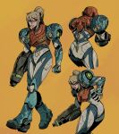  1girl arm_cannon armor ass bangs blonde_hair blue_eyes full_body glowing gun highres ho-uja long_hair looking_at_viewer metroid metroid_dread mole mole_under_mouth ponytail power_armor samus_aran science_fiction sidelocks simple_background solo upper_body varia_suit visor weapon 