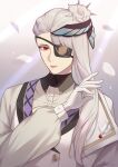  1boy eyepatch flower hair_flower hair_ornament hand_up highres hyde_jayer lapel_pin light_rays long_hair long_sleeves looking_at_viewer male_focus puffy_long_sleeves puffy_sleeves red_eyes ro_esfera solo upper_body visual_prison white_hair 