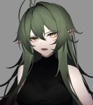  1girl ahoge alternate_costume arknights bangs black_background black_clothes close-up crocodilian_tail eyebrows_visible_through_hair gavial_(arknights) green_hair grey_background long_hair looking_at_viewer ozeu0916 pointy_ears solo teeth yellow_eyes 