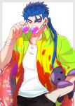  1boy blue_hair cu_chulainn_(fate) cu_chulainn_(fate/stay_night) earrings fate/stay_night fate_(series) hand_in_pocket innertube jewelry long_hair looking_at_viewer male_focus octopus open_clothes open_shirt ponytail red_eyes simple_background solo spiky_hair sunglasses yap_(dhgrail) 