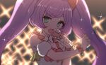  1girl :d bangs bow bowtie detached_sleeves dress green_eyes holding holding_microphone long_hair looking_at_viewer manaka_lala microphone music open_mouth pretty_(series) pripara puffy_detached_sleeves puffy_short_sleeves puffy_sleeves purple_hair red_bow red_neckwear short_sleeves singing smile solo sparkle sumiyao_(amam) sweat swept_bangs twintails white_dress wrist_bow 