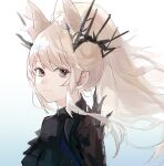  1girl animal_ear_fluff animal_ears arknights blemishine_(arknights) blemishine_(moon_catastrborn)_(arknights) blonde_hair brown_eyes closed_mouth from_side highres horse_ears long_hair looking_at_viewer looking_to_the_side official_alternate_costume ponytail portrait qianzhu shoulder_spikes sidelocks simple_background sketch smile solo spikes white_background 